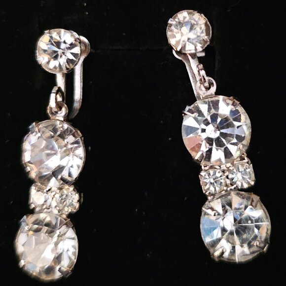 ART DECO STYLE VINTAGE 5 STONE RHINESTONE DROP EARRINGS with SCREW BACK CLOSURE - Picture 3 of 13